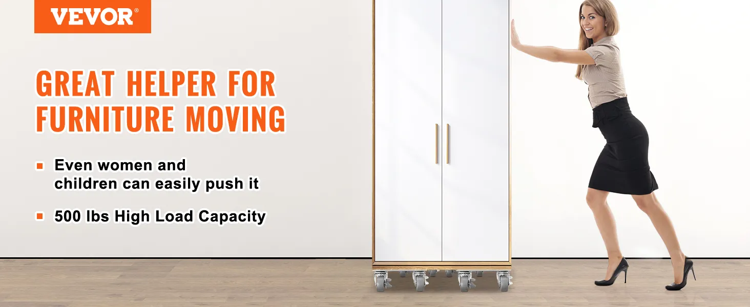 VEVOR furniture dolly showcasing a woman effortlessly moving a large cabinet. 500 lbs load capacity.