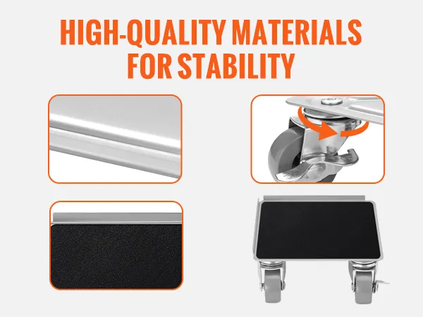 high-quality materials on the VEVOR furniture dolly, including carbon steel, non-slip pad, and 360° wheels.