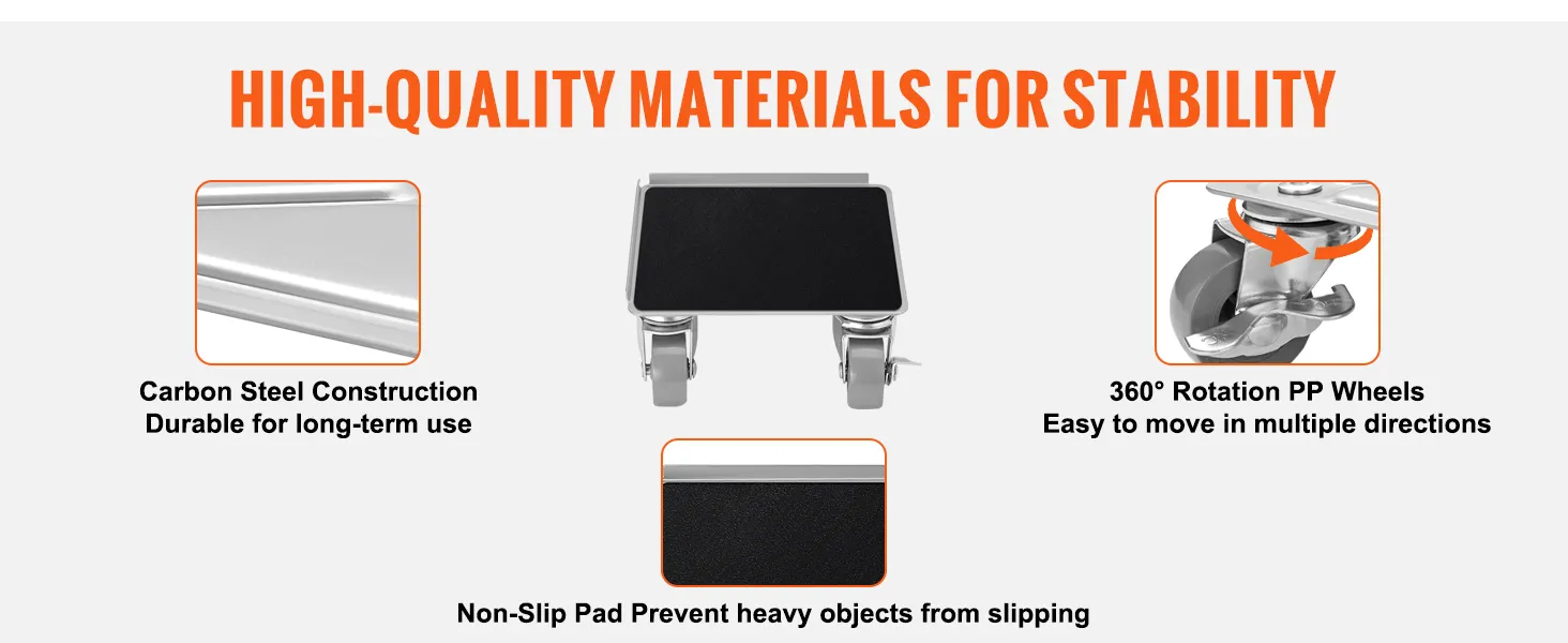 high-quality materials on the VEVOR furniture dolly, including carbon steel, non-slip pad, and 360° wheels.