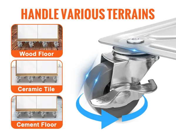 VEVOR furniture dolly with pp wheels, suitable for wood, ceramic tile, and cement floors.