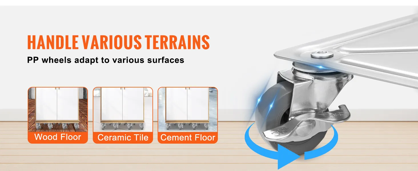 VEVOR furniture dolly with pp wheels, suitable for wood, ceramic tile, and cement floors.