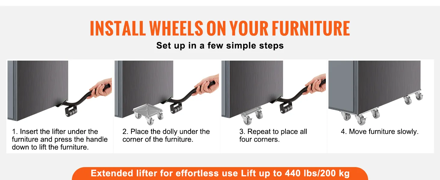 install wheels on your furniture using VEVOR furniture dolly to lift and move easily.