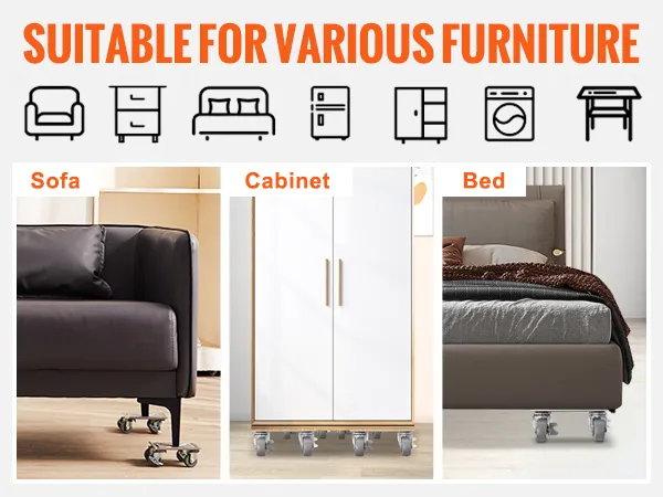 VEVOR furniture dolly under sofa, cabinet, and bed with icons depicting versatility for various furniture.