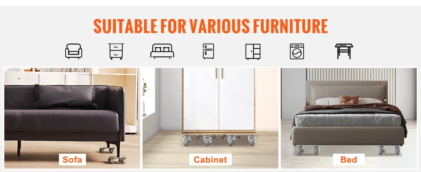 VEVOR furniture dolly under sofa, cabinet, and bed with icons depicting versatility for various furniture.