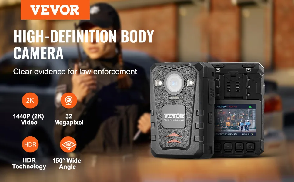 VEVOR politie bodycam met 2k video, 32 megapixel, hdr, 150° groothoeklens voor duidelijk bewijs van wetshandhaving.