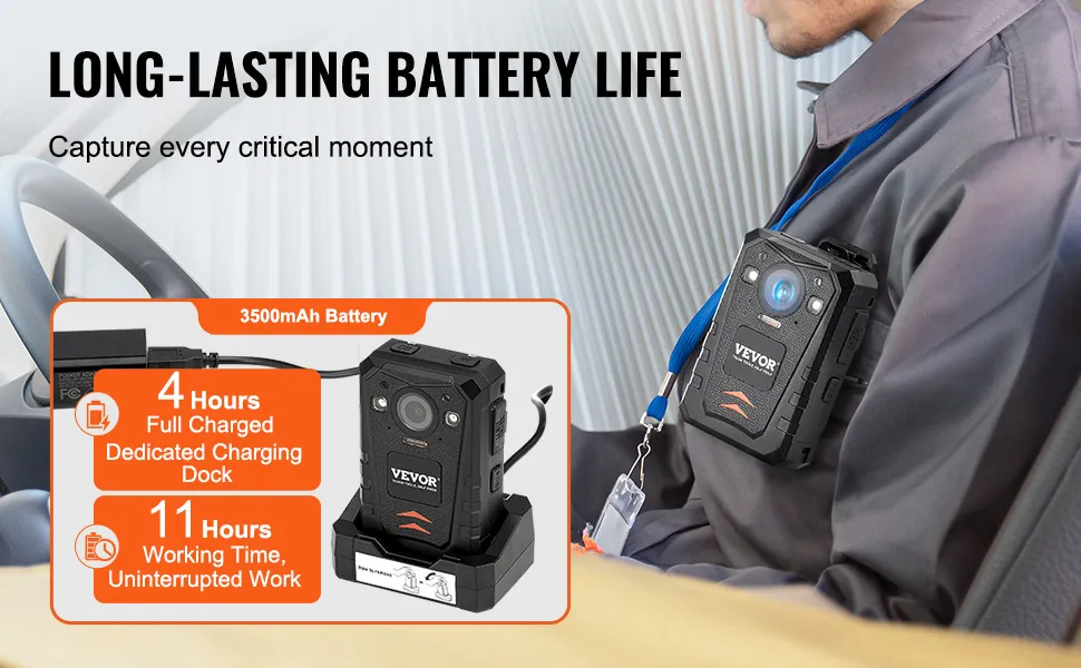 VEVOR politiecamera met een 3500mAh-batterij die lang meegaat, een oplaadtijd van 4 uur en een werktijd van 11 uur.