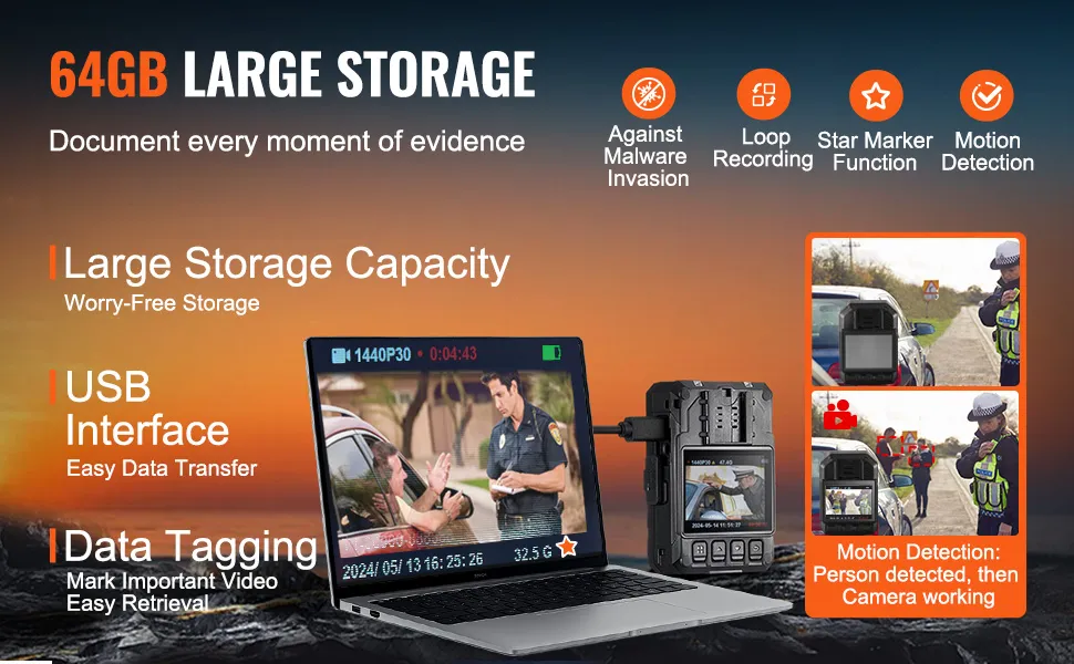 64 GB VEVOR politiecamera met USB-interface, gegevenslabel en bewegingsdetectie.