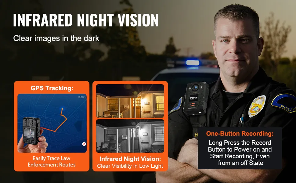 VEVOR politie bodycam met infrarood nachtzicht, gps-tracking en opnamefuncties met één knop.