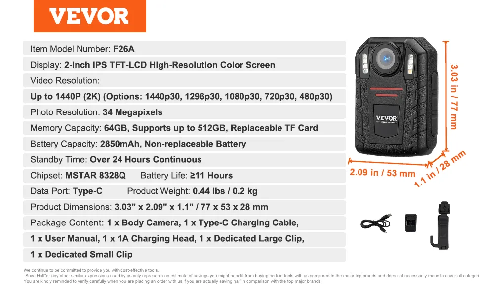 Specifiche della bodycam VEVOR 1440p HD: schermo IPS da 2 pollici, 34 MP, 64 GB, batteria da 2850 mAh, porta Type-C, durata di 11 ore.