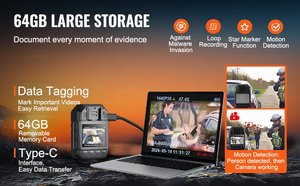 Telecamera corporea VEVOR HD 1440p con 64 GB di memoria, rilevamento del movimento, registrazione in loop sullo schermo del laptop.