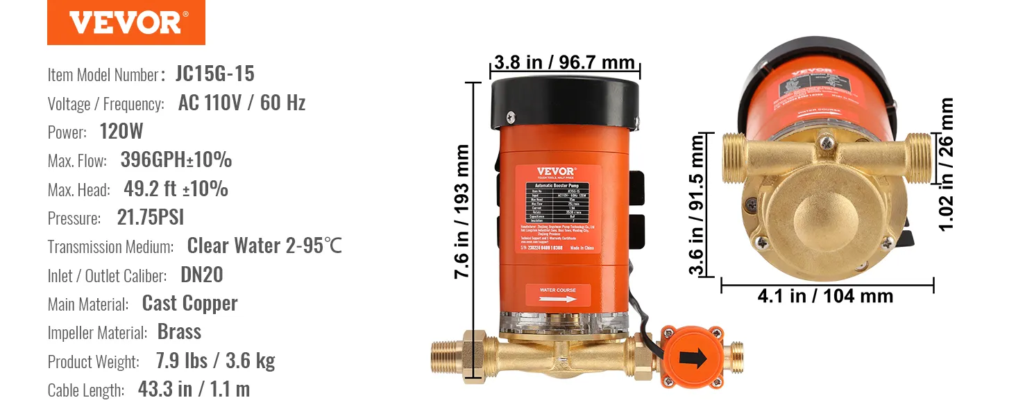 Bomba de refuerzo de presión de agua VEVOR, modelo jc15g-15, 120w, impulsor de latón, caudal máximo de 396 gph, CA 110v/60hz.