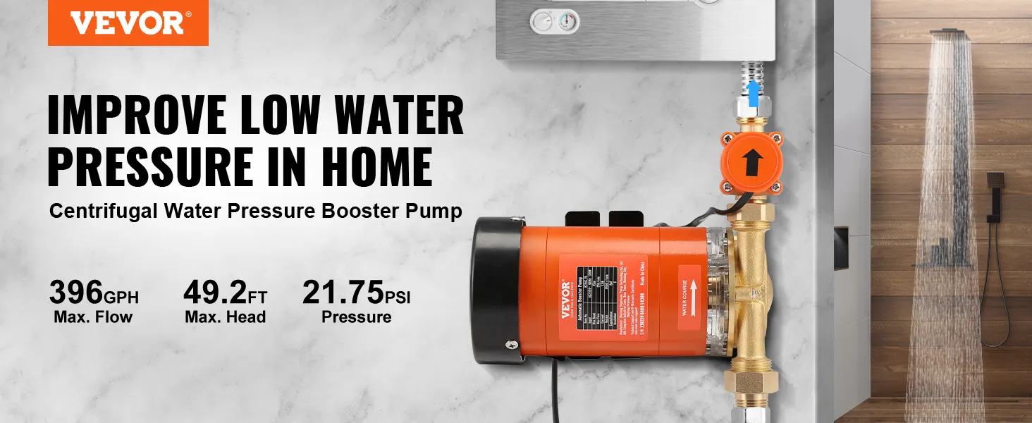 Bomba amplificadora de presión de agua VEVOR para el hogar, caudal máximo de 396 gph, altura máxima de 49,2 pies, presión de 21,75 psi.