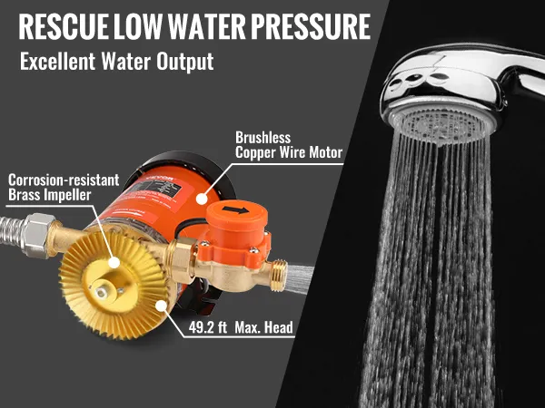 Bomba de aumento de presión de agua VEVOR que mejora la presión de la ducha con impulsor de latón y motor de cable de cobre.