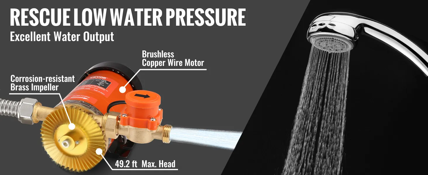 Bomba de aumento de presión de agua VEVOR que mejora la presión de la ducha con impulsor de latón y motor de cable de cobre.
