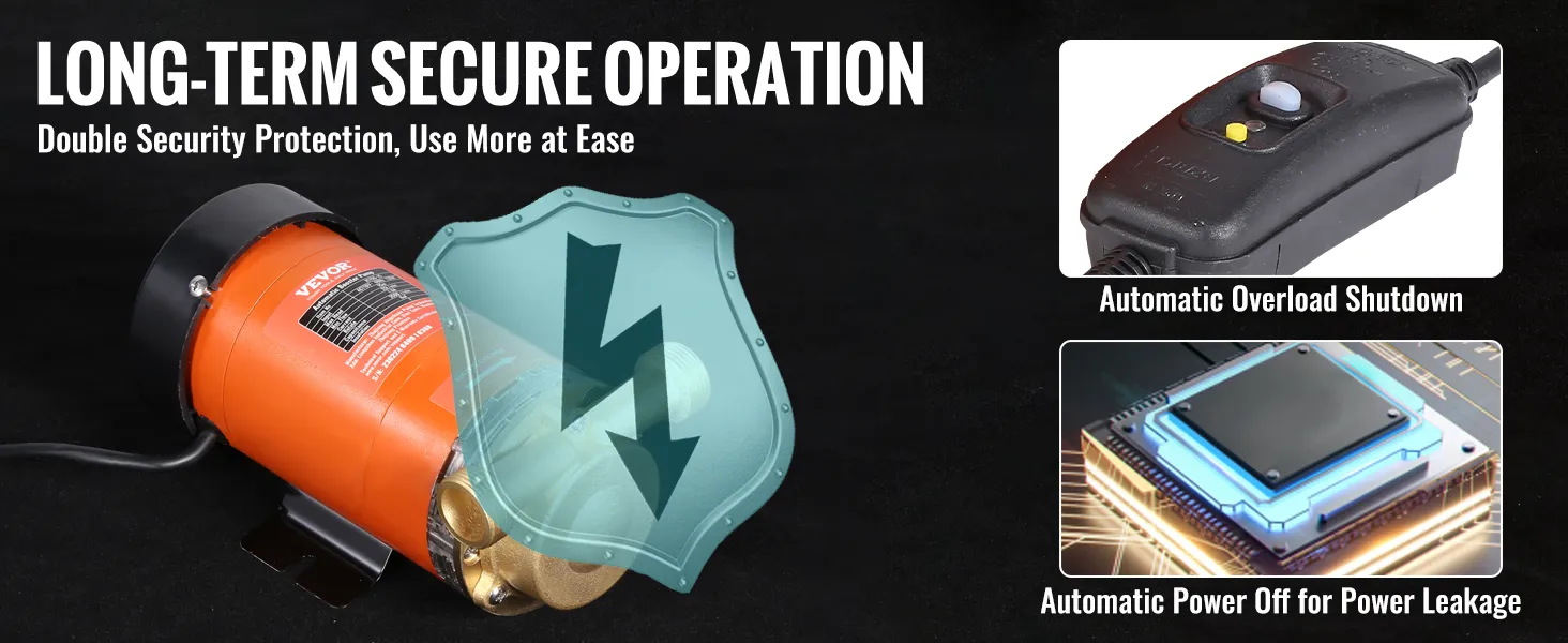 Bomba amplificadora de presión de agua VEVOR con doble protección de seguridad, cuenta con apagado automático por sobrecarga y protección contra fugas de energía.