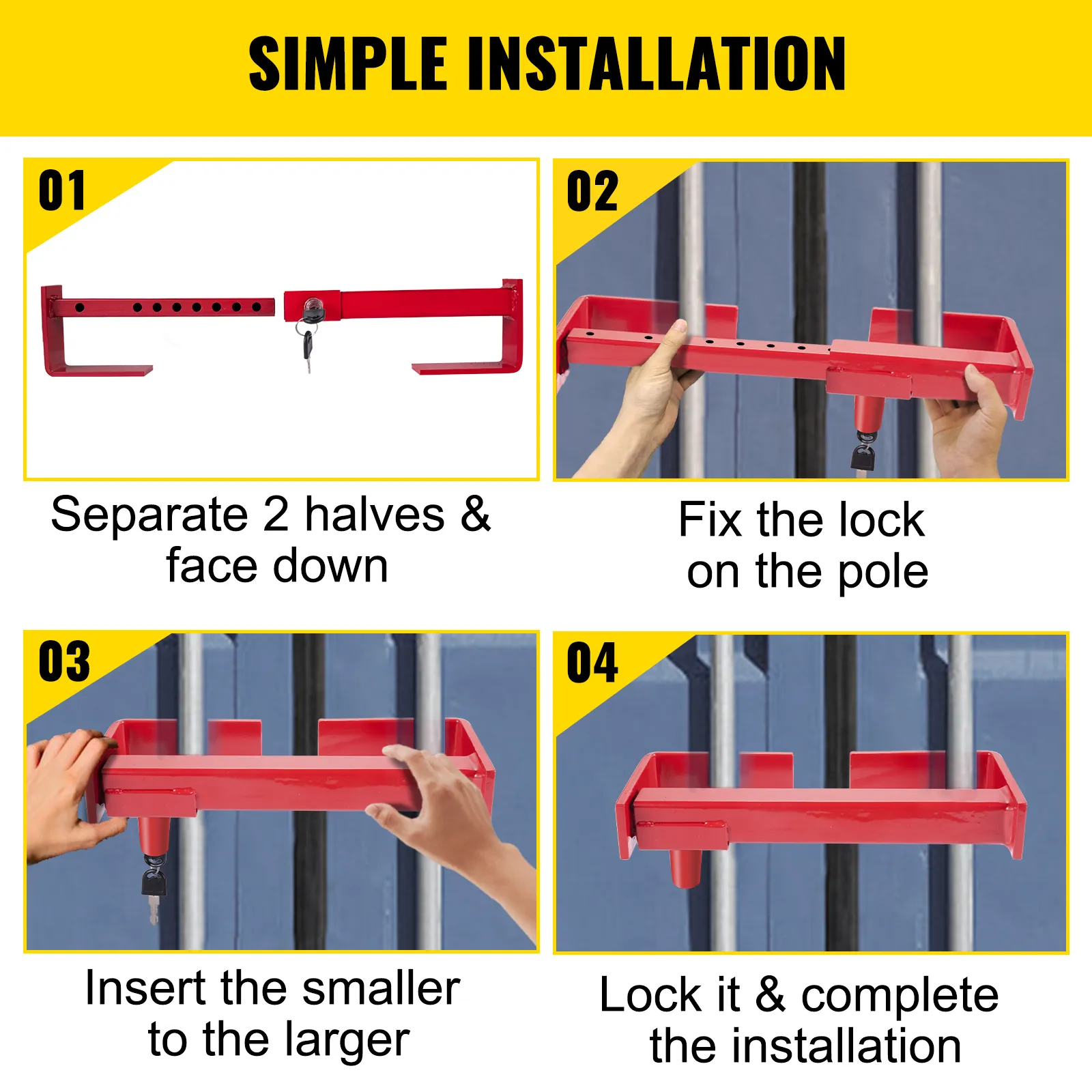 VEVOR cargo container lock installation steps: separate, fix, insert, and lock.