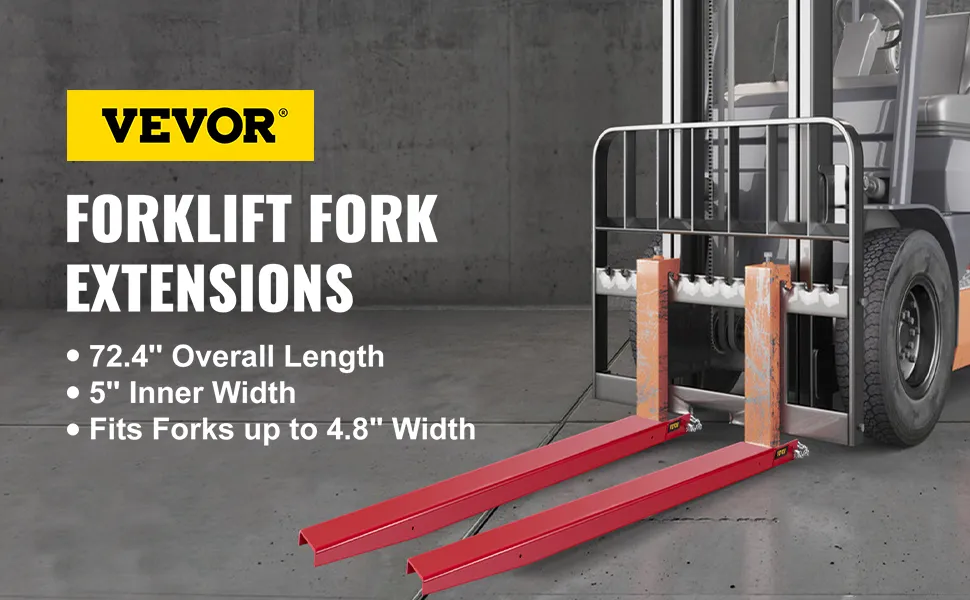 VEVOR forklift pallet fork extensions, 72.4" length, 5" inner width, fits forks up to 4.8".