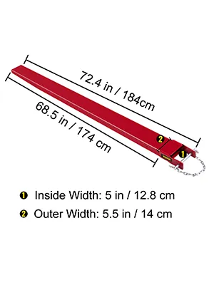 VEVOR forklift pallet fork extensions with dimensions in red, 72.4 in long.