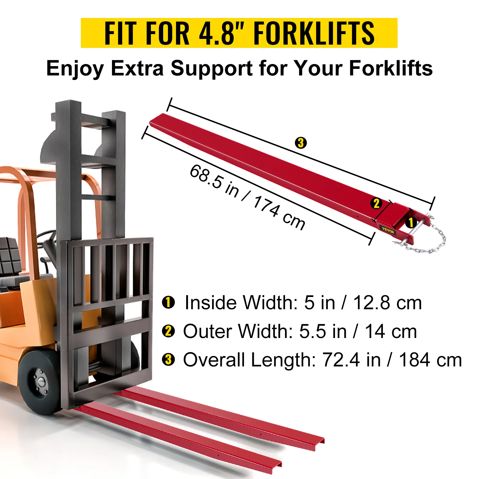 VEVOR forklift pallet fork extensions fit a forklift with 4.8” forks, providing extra support.