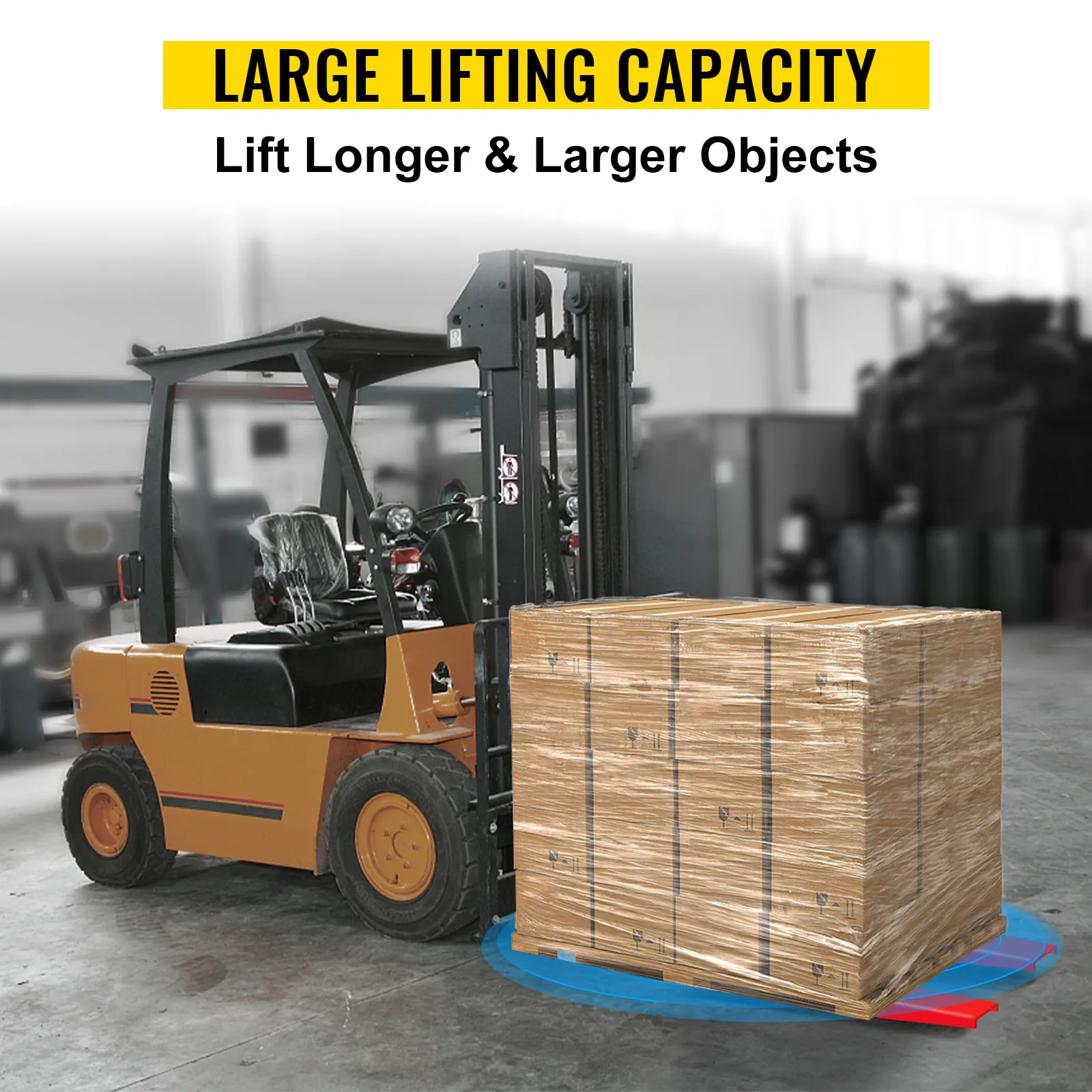 forklift lifting large wooden crate with VEVOR forklift pallet fork extensions.