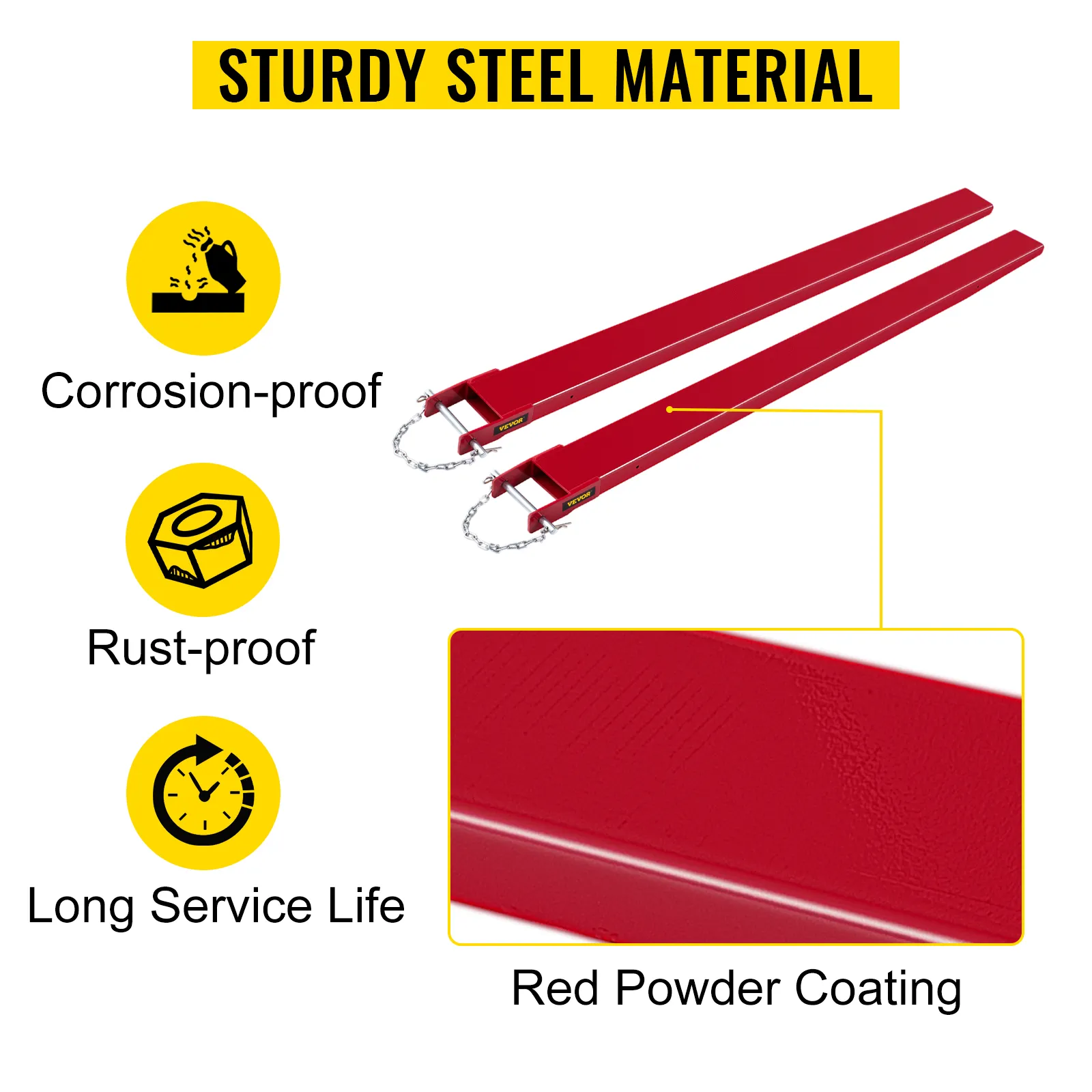 VEVOR forklift pallet fork extensions with red powder coating, corrosion, and rust-proof.
