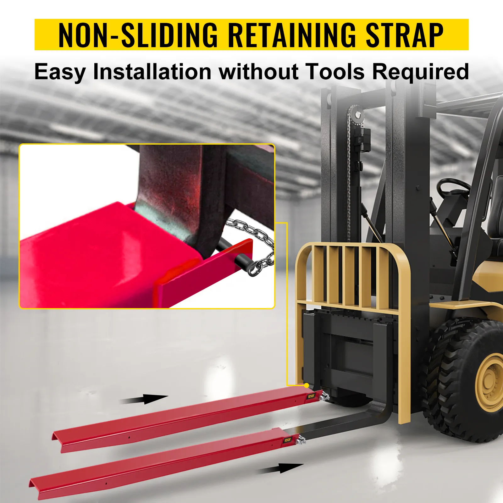 VEVOR forklift pallet fork extensions with non-sliding retaining strap for easy installation.