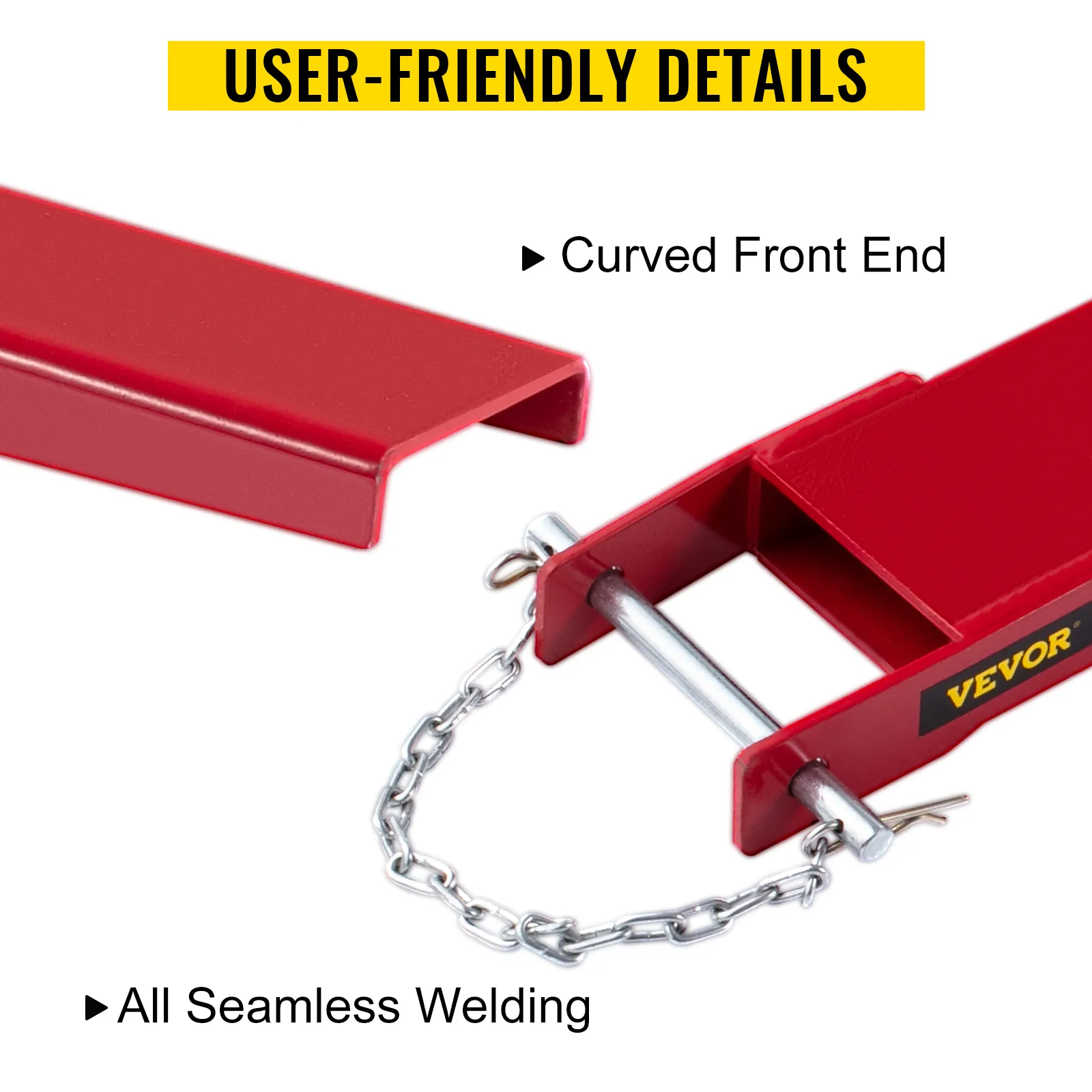 VEVOR forklift pallet fork extensions with curved front end and seamless welding.