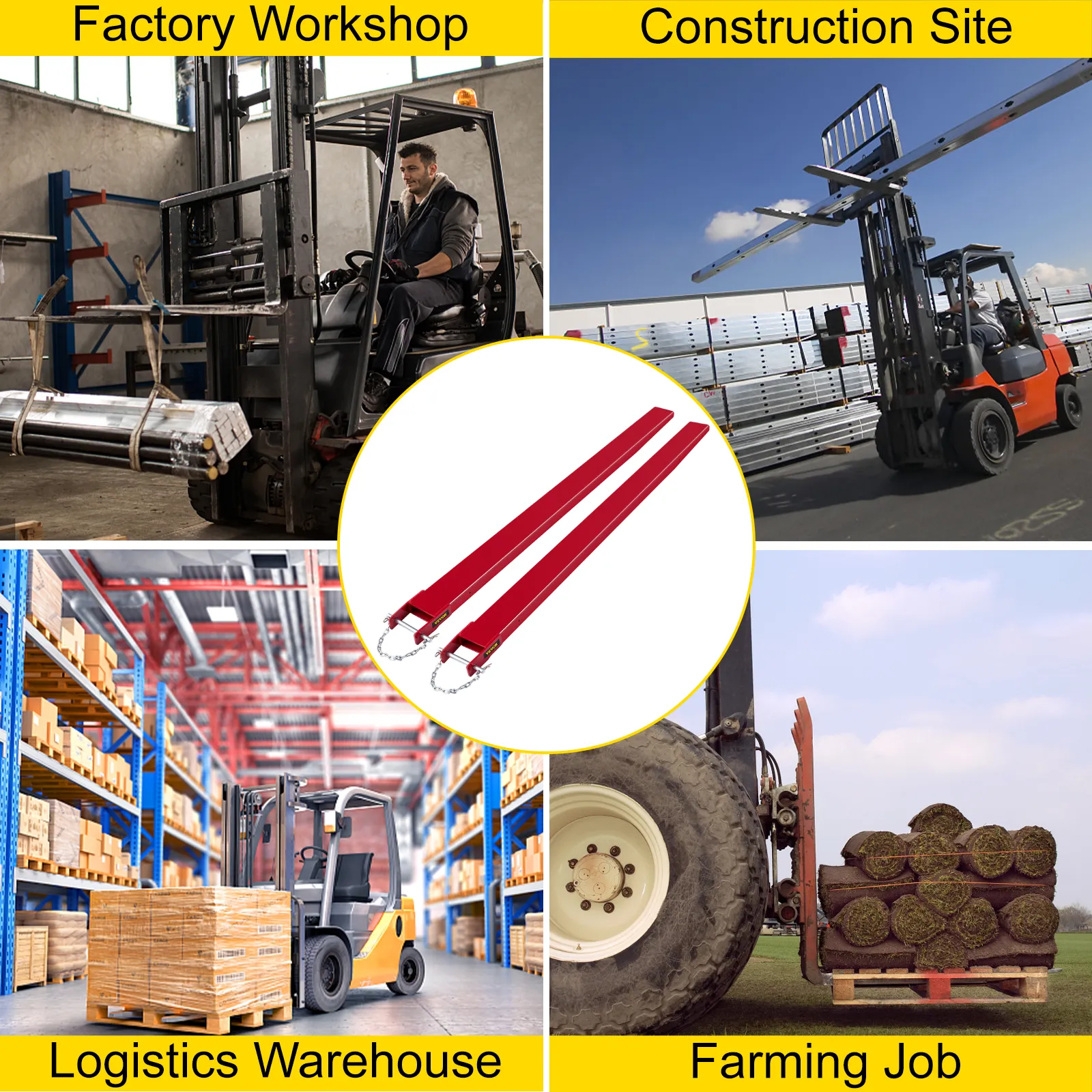 multiple uses of VEVOR forklift pallet fork extensions in various work environments.