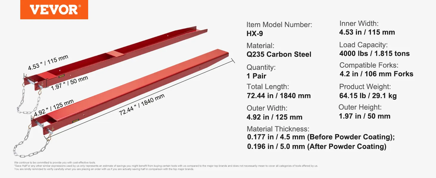 VEVOR pallet fork extensions, modeled hx-9, q235 carbon steel, 72.44" long, 4,000 lbs load capacity.