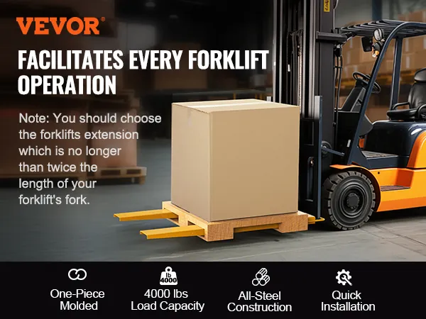 VEVOR pallet fork extensions on a forklift lifting a large box, 4000 lb load capacity, all-steel construction.