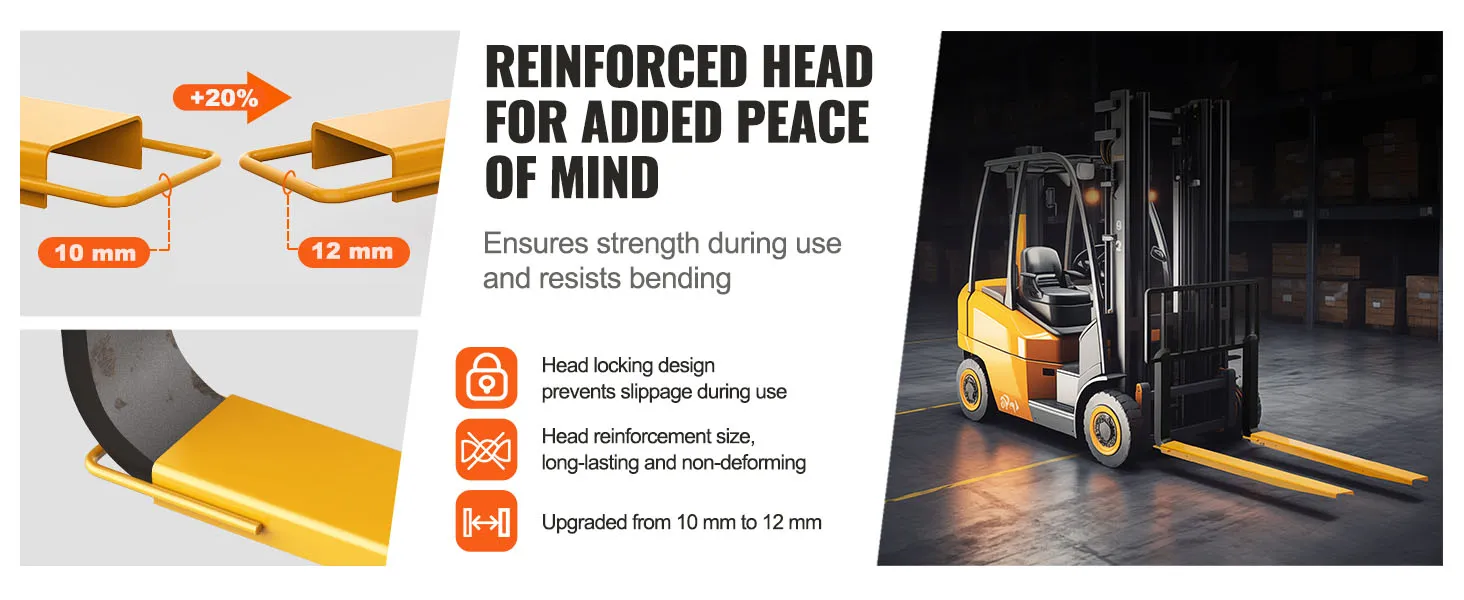 VEVOR pallet fork extensions showcasing reinforced head, head locking design, and upgraded thickness.