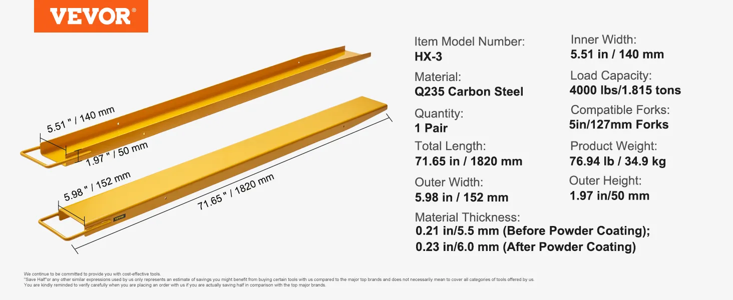 VEVOR pallet fork extensions, q235 carbon steel, 71.65in length, 4000lbs capacity, 5.98in outer width.