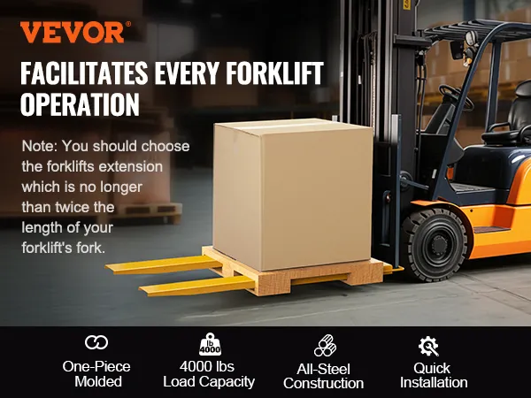 VEVOR pallet fork extensions on a forklift, lifting a large cardboard box, showcasing 4000lb capacity.