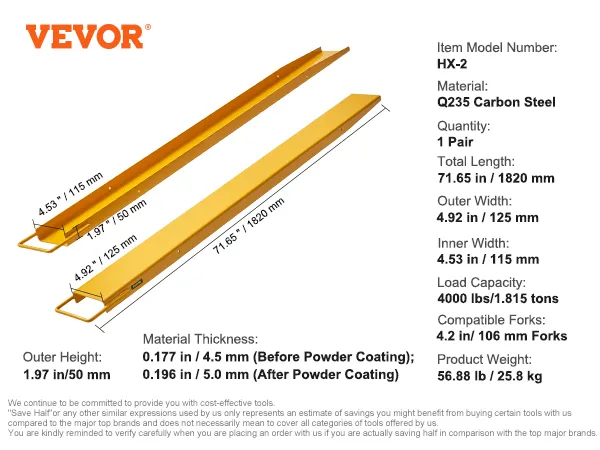 VEVOR pallet fork extensions, 71.65 in, q235 carbon steel, load capacity 4000 lbs, compatible with 4.2 in forks.