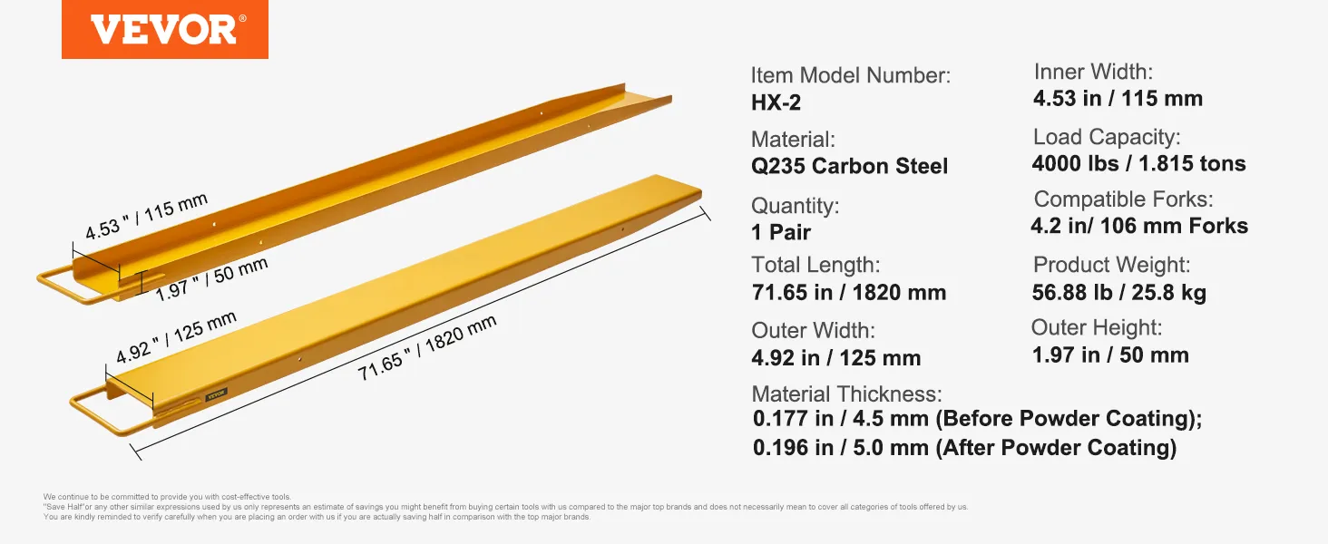 VEVOR pallet fork extensions, 71.65 in, q235 carbon steel, load capacity 4000 lbs, compatible with 4.2 in forks.