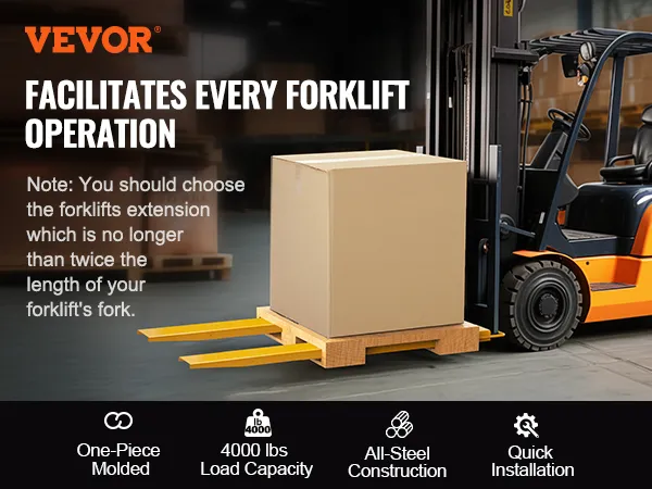 VEVOR pallet fork extensions, 4000 lb load capacity, enhancing forklift operations in warehouse.