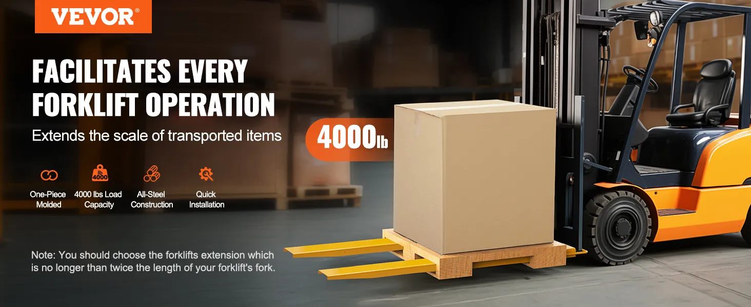 VEVOR pallet fork extensions, 4000 lb load capacity, enhancing forklift operations in warehouse.