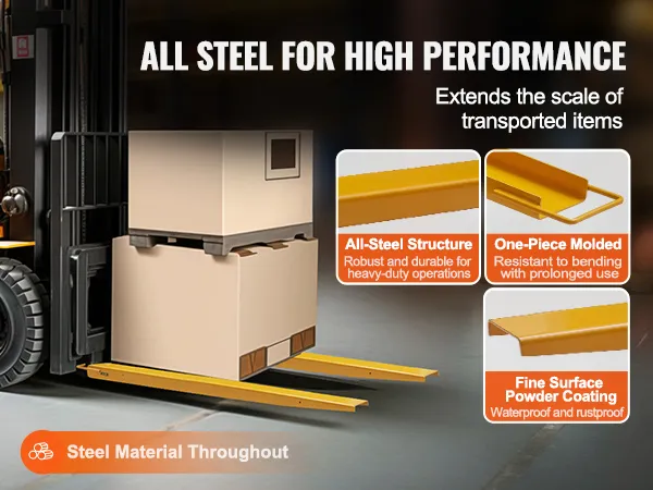 forklift with VEVOR pallet fork extensions lifting boxes, showcasing all-steel structure and powder coating.