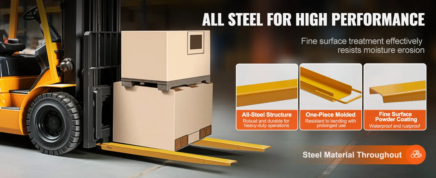 forklift with VEVOR pallet fork extensions lifting boxes, showcasing all-steel structure and powder coating.