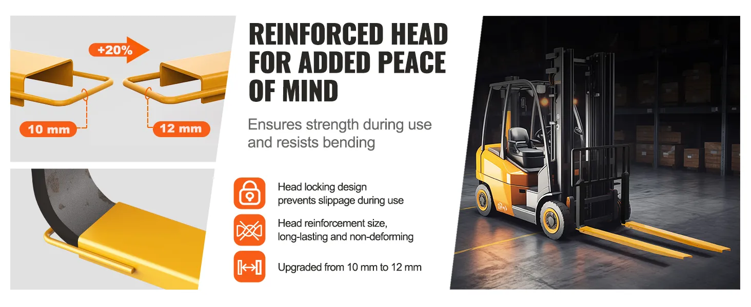 VEVOR pallet fork extensions feature a 12mm reinforced head, increased strength, and secure locking design.