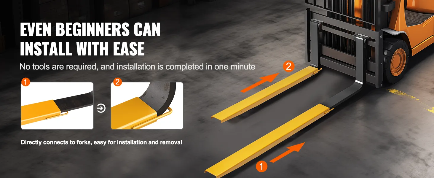 forklift with VEVOR pallet fork extensions installed, showcasing easy installation steps.