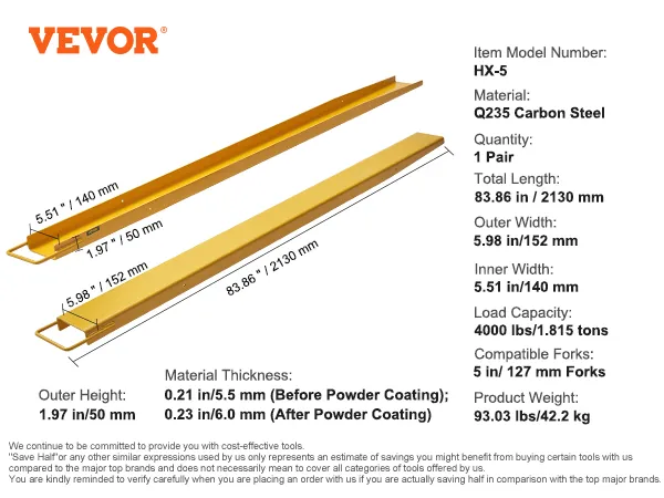 VEVOR forklift extensions, q235 carbon steel, 83.86 in length, 5.51 in inner width, 4000 lbs load capacity.