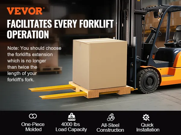 VEVOR forklift extensions lifting a large box, showcasing a 4000 lb load capacity and all-steel construction.