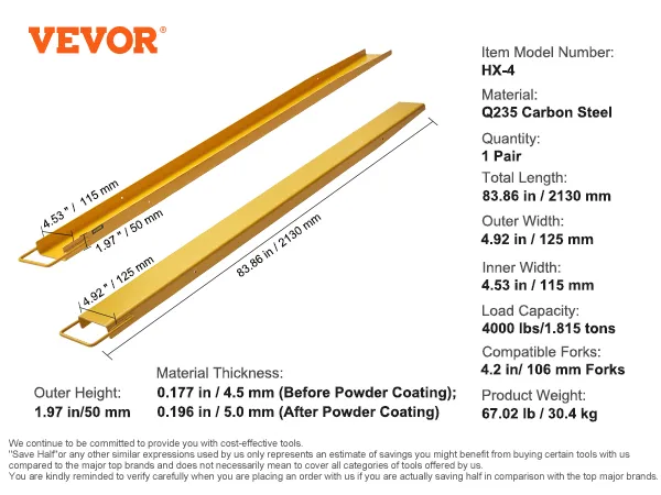 VEVOR pallet fork extensions hx-4, q235 carbon steel, 4.92 in width, 83.86 in length, 4000 lbs capacity.