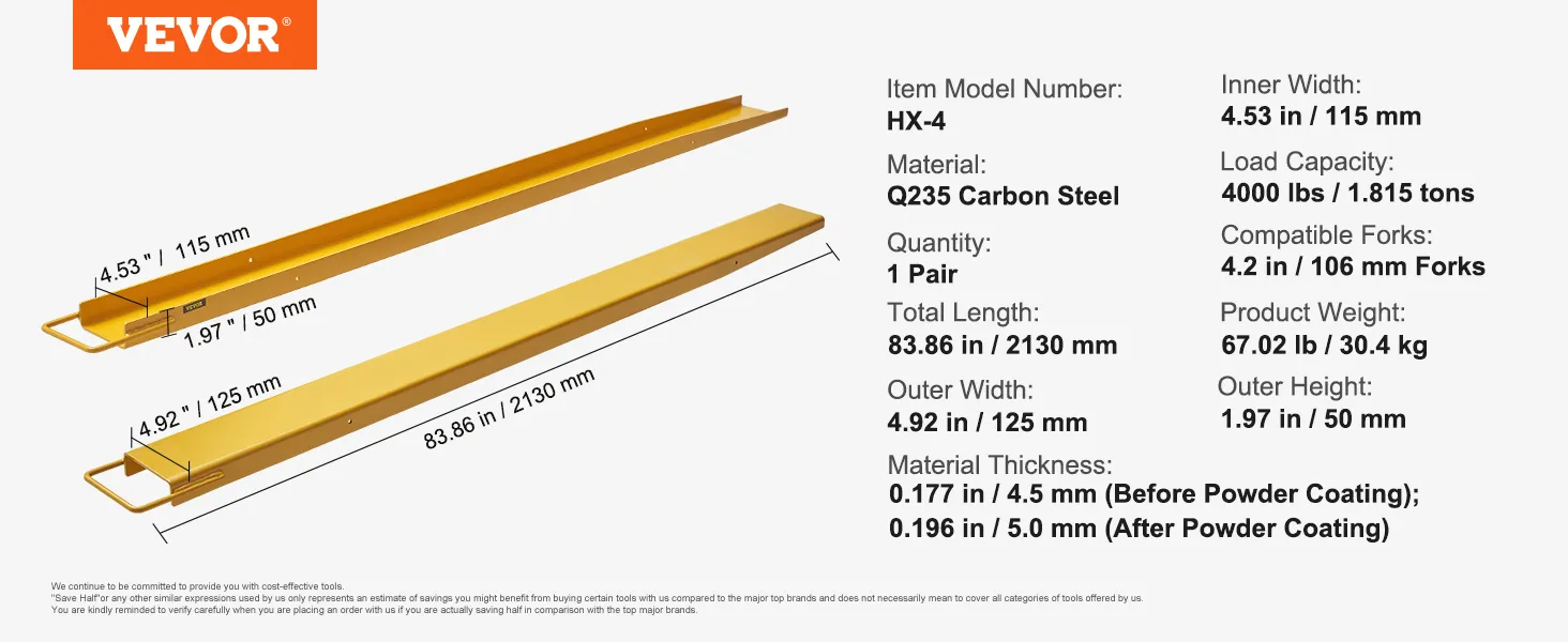 VEVOR pallet fork extensions hx-4, q235 carbon steel, 4.92 in width, 83.86 in length, 4000 lbs capacity.