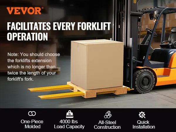 VEVOR pallet fork extensions for forklifts, lifting a large box with 4000lb load capacity in a warehouse.