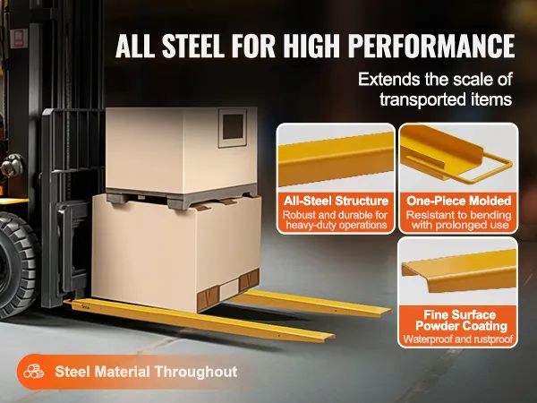 forklift demonstrating VEVOR pallet fork extensions lifting boxes, highlighting all-steel structure and durability.