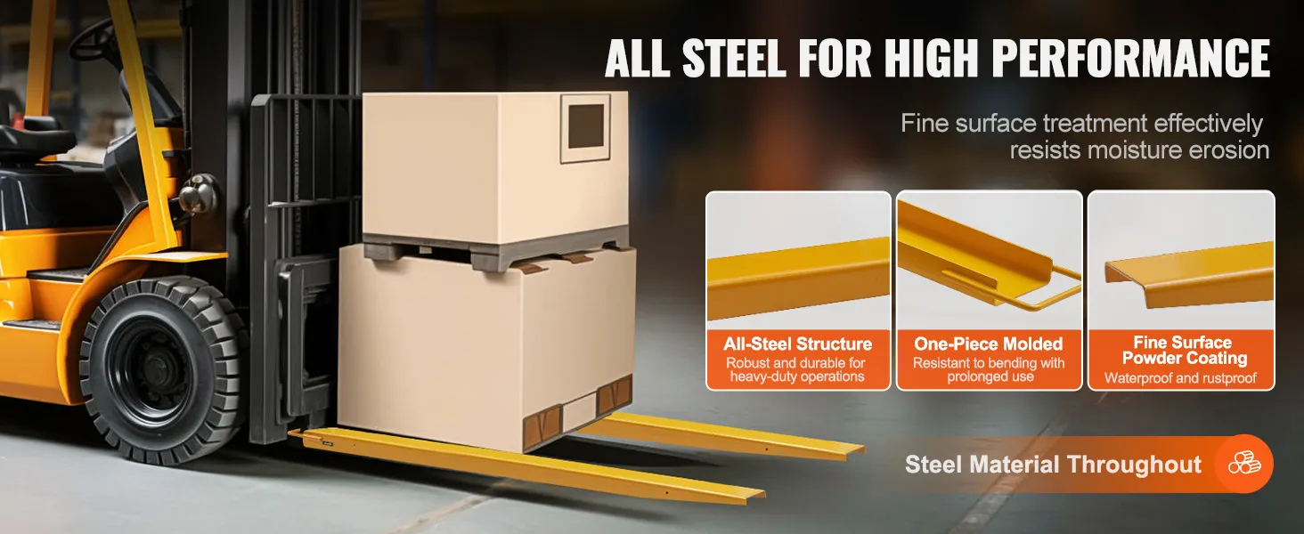 forklift demonstrating VEVOR pallet fork extensions lifting boxes, highlighting all-steel structure and durability.