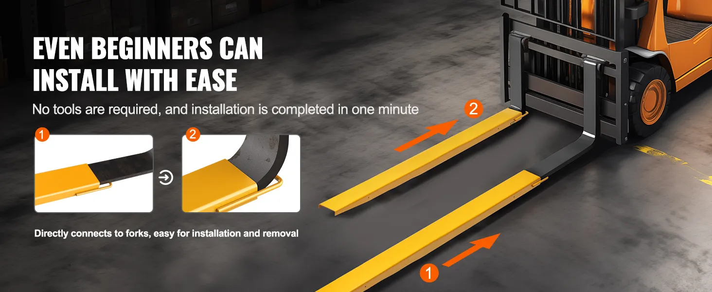 forklift with VEVOR pallet fork extensions showing easy installation process, needing no tools.
