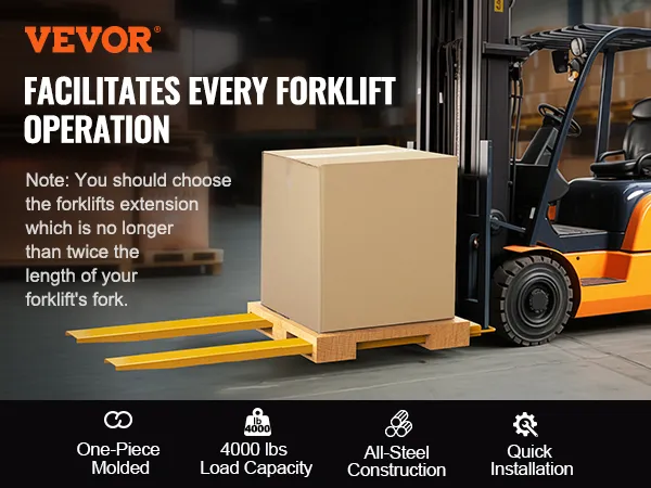 VEVOR forklift extensions lifting a 4000 lb box on a pallet, highlighting their strength and efficiency.